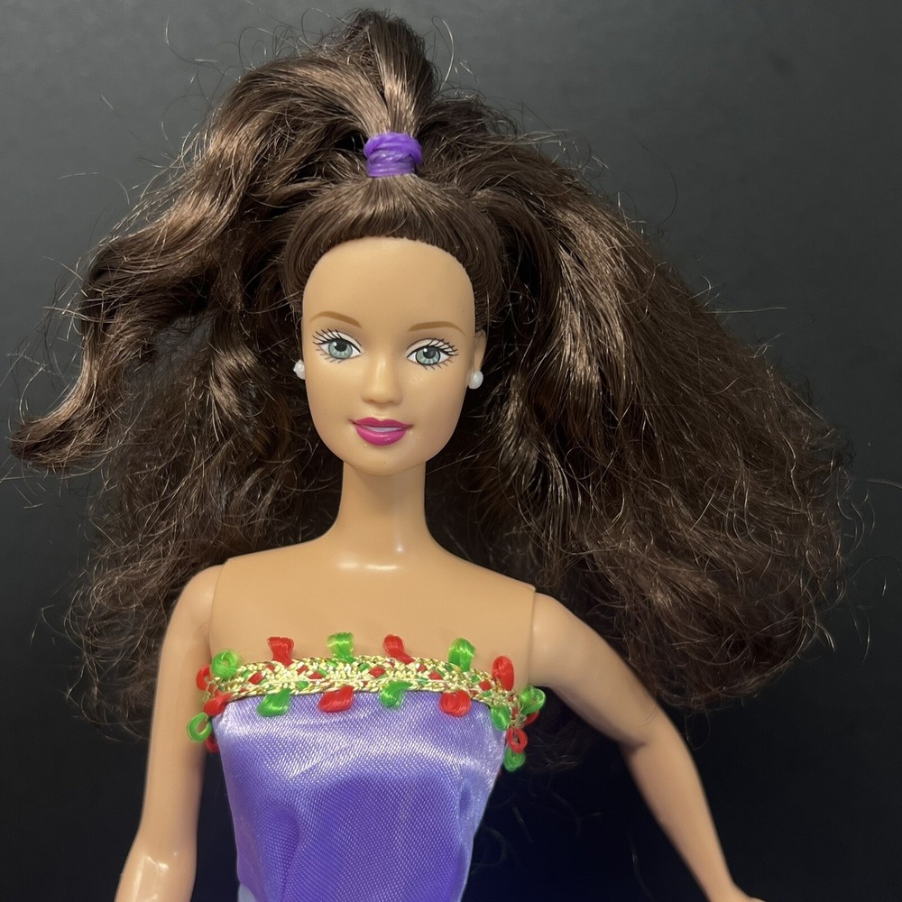 Barbie Doll Mattel Brown curly Hair Blue eyes Purple Gown 1990 head 1966 body